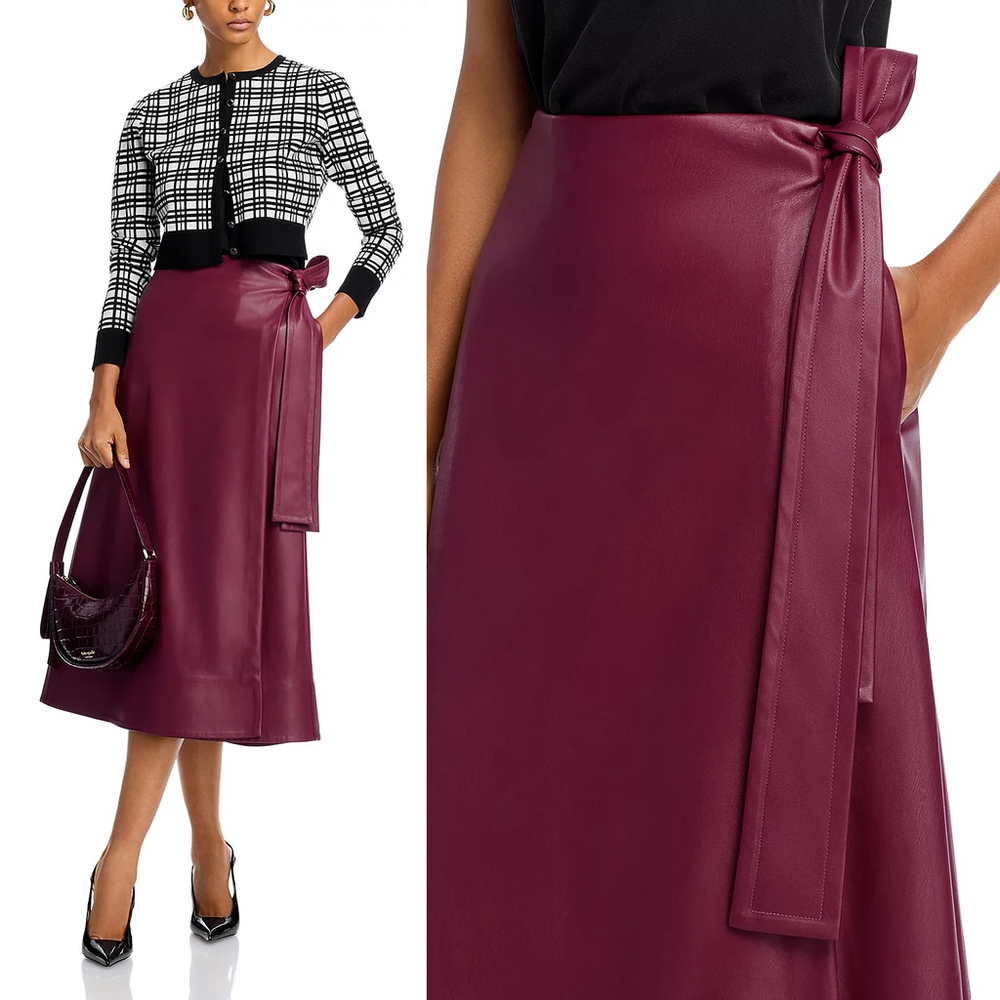 NWT TOCCIN Beatrice Wrap Midi Skirt Faux leather Burgundy $425 - Size 10 / L - Picture 7 of 10